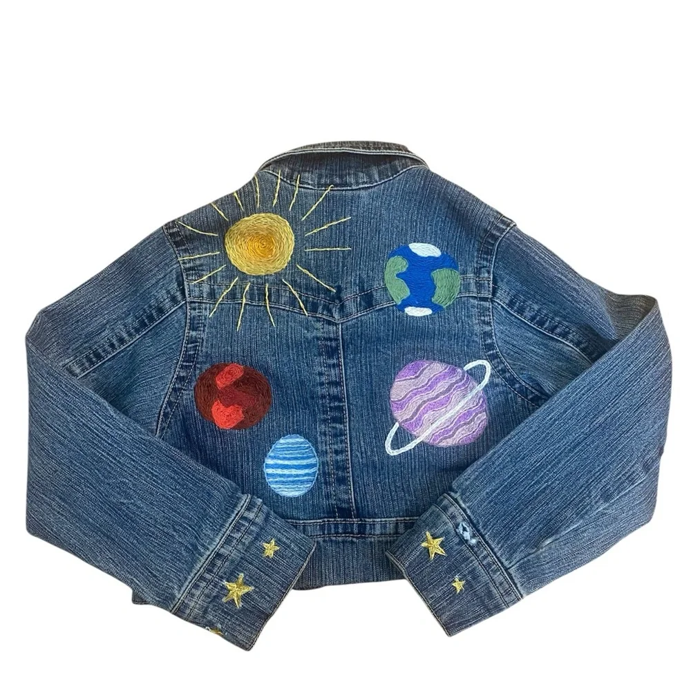 Custom Hand Embroidered Girls Denim‎ Jean Jacket w/Colorful Sun, Planets & Stars - Picture 2 of 14